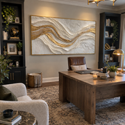 "Marbled Gold Foil Ridge Relief" - Modern Heavy Impasto Landscape Artwork | White & Beige Palette Knife Painting | Luxury Horizontal Wall Art #Q 312