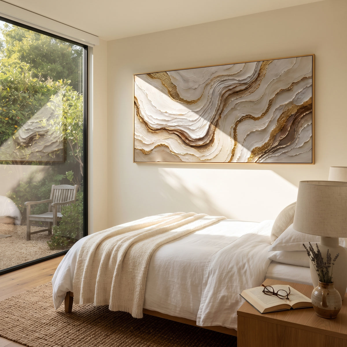 Horizon Bright Mineral Line Relief focuses on white, beige, grey ivory plaster relief with metallic gold veins, gilded channels, and flowing raised palette-knife movement, keeping the product description tied to the visible artwork rather than a generic texture category. The composition is built from layered ridges, carved plaster edges, curved bands, granular breaks, and raised channels that move across the canvas with a clear directional rhythm. Pale passages, darker accents, warm neutral