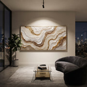 "Horizon Bright Mineral Line Relief" - Modern Heavy Impasto Geometric Abstract | White & Beige Palette Knife Painting | Luxury Horizontal Wall Art #Q 313
