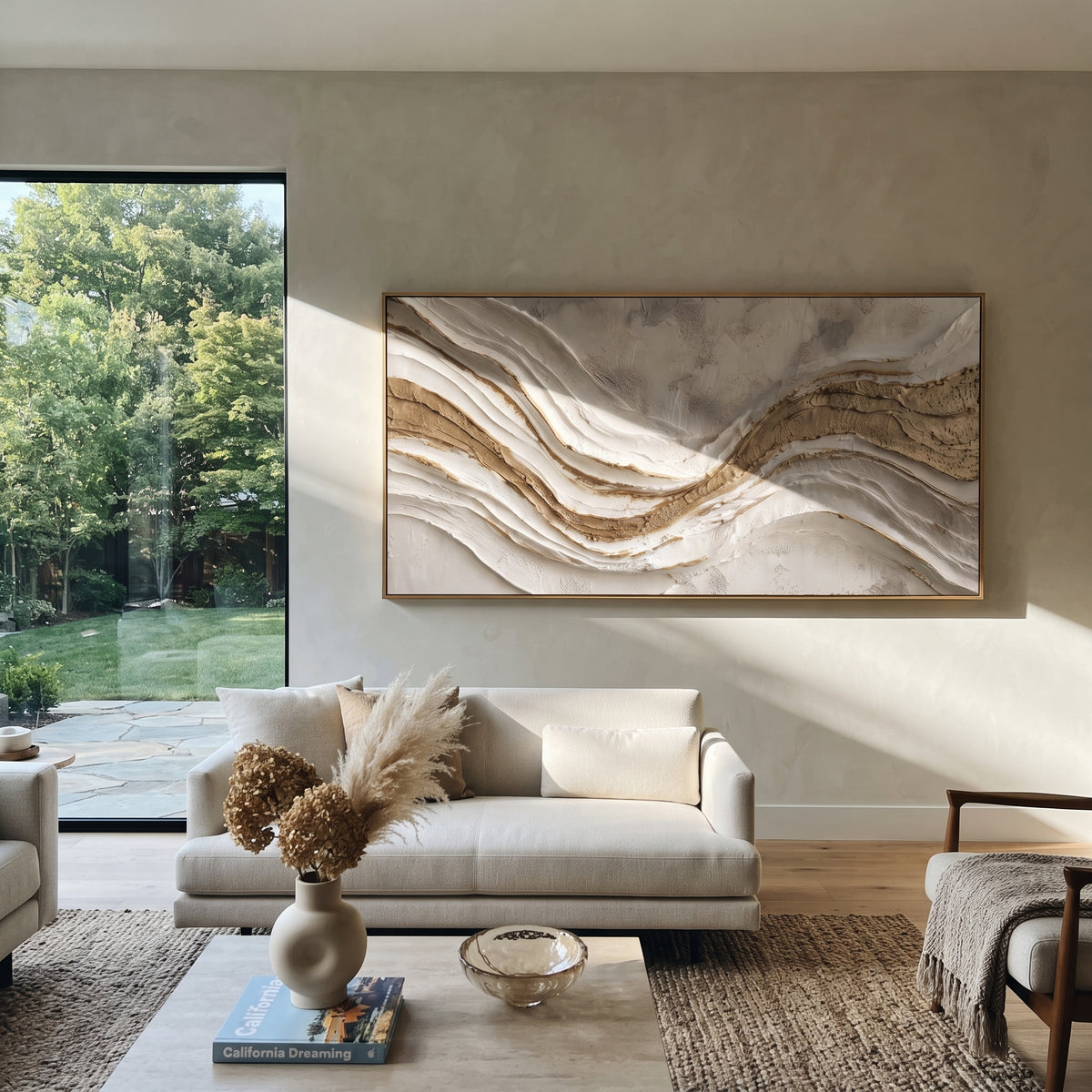 Soft Golden Cascade Relief focuses on white, beige, grey ivory plaster relief with metallic gold veins, gilded channels, and flowing raised palette-knife movement, keeping the product description tied to the visible artwork rather than a generic texture category. The composition is built from layered ridges, carved plaster edges, curved bands, granular breaks, and raised channels that move across the canvas with a clear directional rhythm. Pale passages, darker accents, warm neutral tones, and