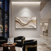 "Soft Golden Cascade Relief" - Modern Heavy Impasto Abstract Artwork | White & Beige Palette Knife Painting | Luxury Horizontal Wall Art #Q 314