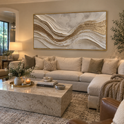 "Soft Golden Cascade Relief" - Modern Heavy Impasto Abstract Artwork | White & Beige Palette Knife Painting | Luxury Horizontal Wall Art #Q 314
