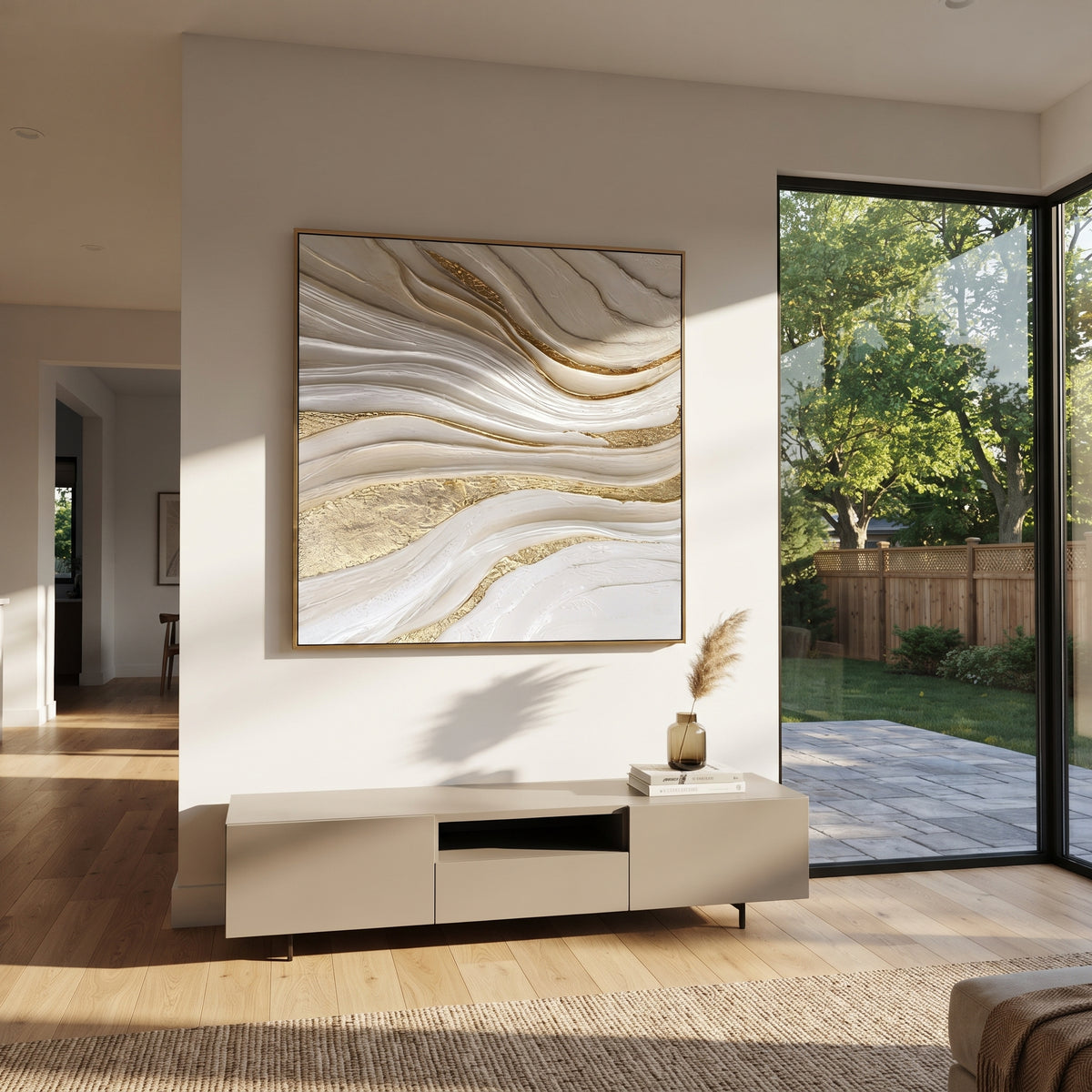"Granular Gold Leaf Channel Relief" - Modern Heavy Impasto Botanical Tree Artwork | White & Beige Palette Knife Painting | Luxury Square Wall Art #Q 315