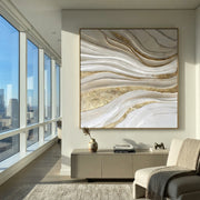 "Granular Gold Leaf Channel Relief" - Modern Heavy Impasto Botanical Tree Artwork | White & Beige Palette Knife Painting | Luxury Square Wall Art #Q 315
