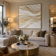 "Granular Gold Leaf Channel Relief" - Modern Heavy Impasto Botanical Tree Artwork | White & Beige Palette Knife Painting | Luxury Square Wall Art #Q 315