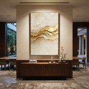"Mineral Gold Vein Relief" - Modern Heavy Impasto Abstract Artwork | Beige & Gold Palette Knife Painting | Luxury Vertical Wall Art #Q 316