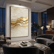 "Mineral Gold Vein Relief" - Modern Heavy Impasto Abstract Artwork | Beige & Gold Palette Knife Painting | Luxury Vertical Wall Art #Q 316