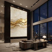 "Mineral Gold Vein Relief" - Modern Heavy Impasto Abstract Artwork | Beige & Gold Palette Knife Painting | Luxury Vertical Wall Art #Q 316
