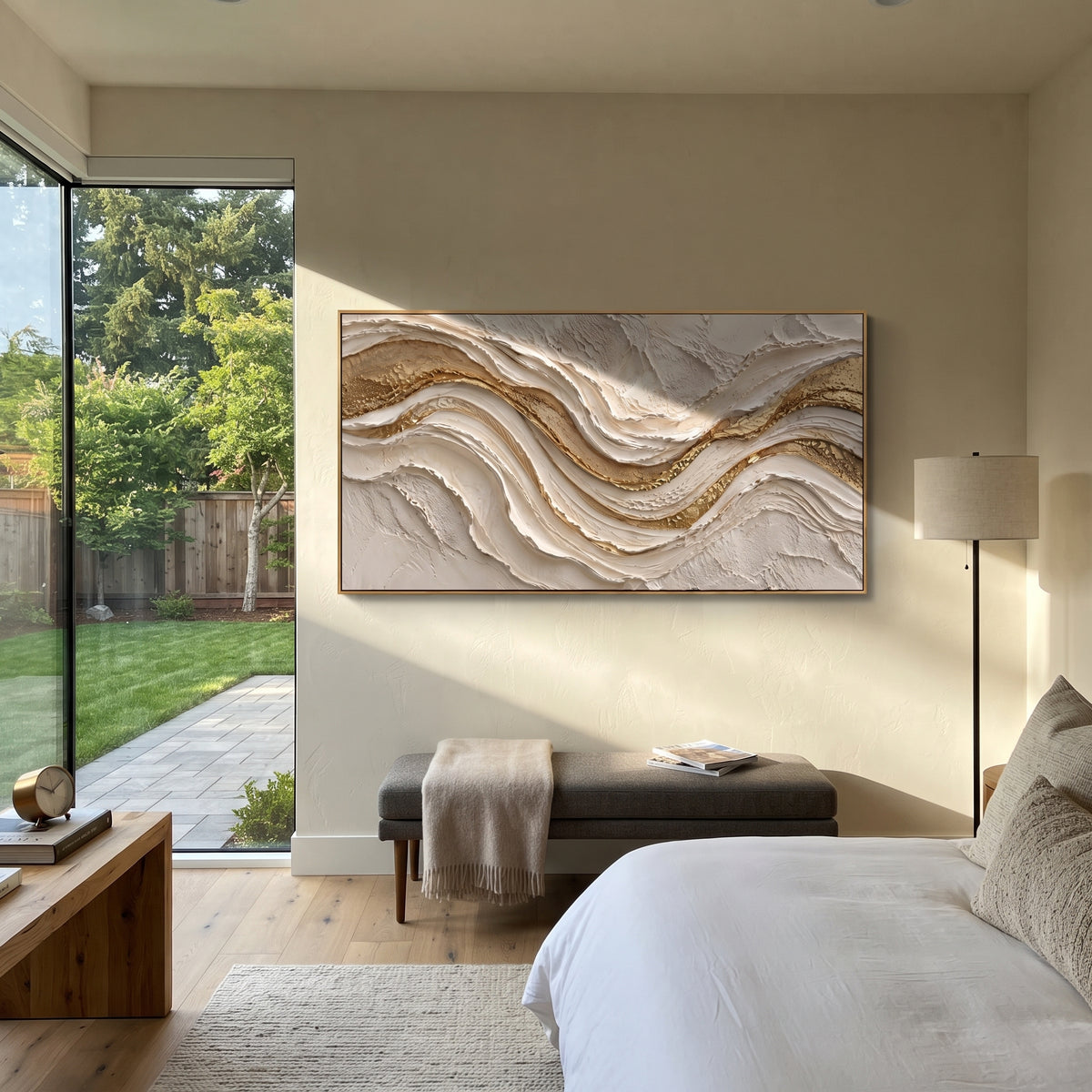 Shadowed Gilded Current Relief focuses on white, beige, brown ivory plaster relief with metallic gold veins, gilded channels, and flowing raised palette-knife movement, keeping the product description tied to the visible artwork rather than a generic texture category. The composition is built from layered ridges, carved plaster edges, curved bands, granular breaks, and raised channels that move across the canvas with a clear directional rhythm. Pale passages, darker accents, warm neutral tones