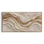 "Shadowed Gilded Current Relief" - Modern Heavy Impasto Abstract Artwork | White & Beige Palette Knife Painting | Luxury Horizontal Wall Art #Q 317