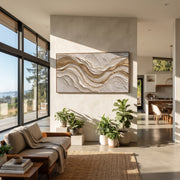 "Shadowed Gilded Current Relief" - Modern Heavy Impasto Abstract Artwork | White & Beige Palette Knife Painting | Luxury Horizontal Wall Art #Q 317