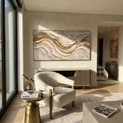 "Shadowed Gilded Current Relief" - Modern Heavy Impasto Abstract Artwork | White & Beige Palette Knife Painting | Luxury Horizontal Wall Art #Q 317