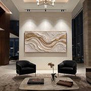 "Shadowed Gilded Current Relief" - Modern Heavy Impasto Abstract Artwork | White & Beige Palette Knife Painting | Luxury Horizontal Wall Art #Q 317