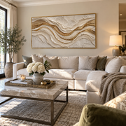 "Shadowed Gilded Current Relief" - Modern Heavy Impasto Abstract Artwork | White & Beige Palette Knife Painting | Luxury Horizontal Wall Art #Q 317