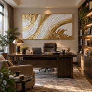 "Folded Champagne River Relief" - Modern Heavy Impasto Landscape Artwork | White & Beige Palette Knife Painting | Luxury Horizontal Wall Art #Q 318
