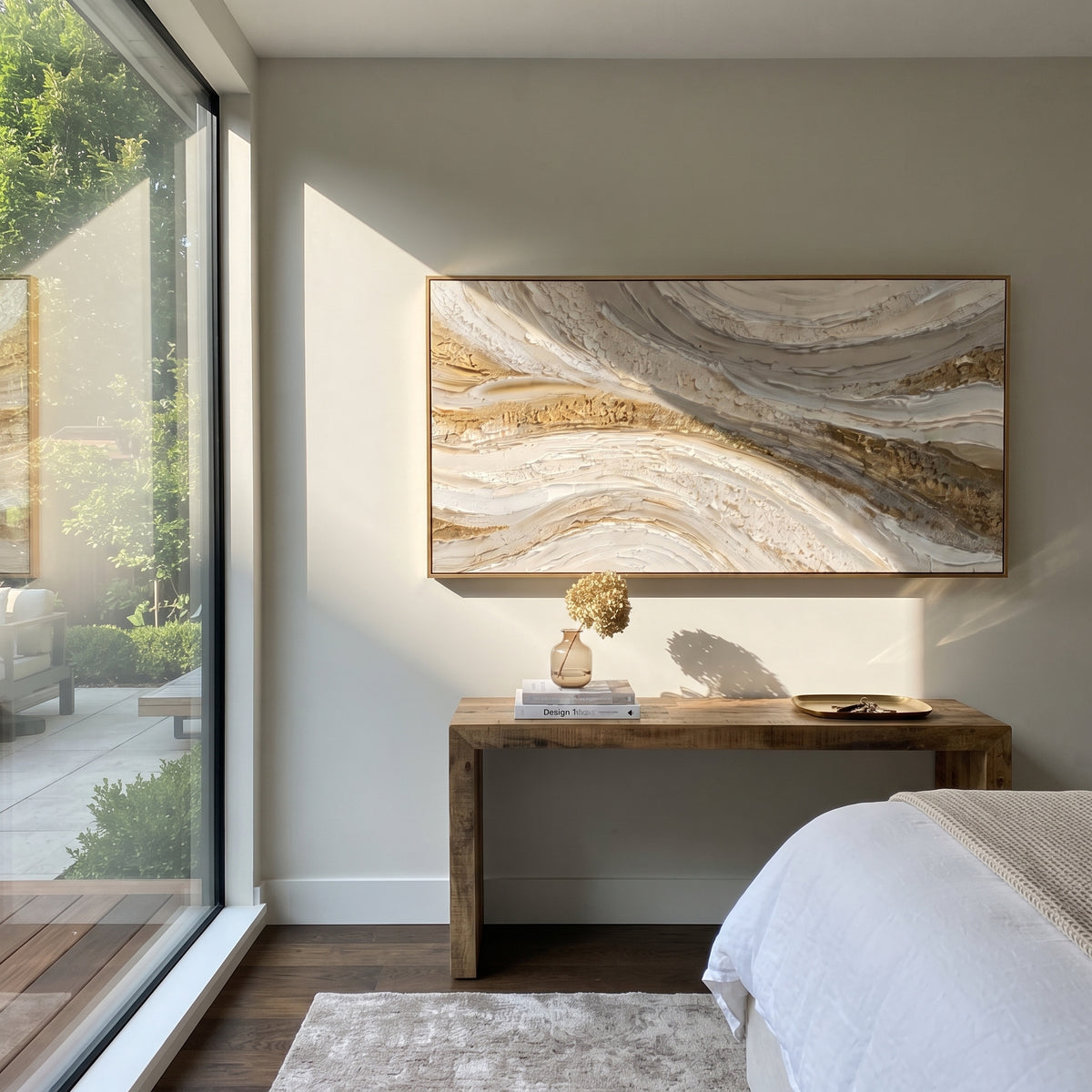 Flowing Golden Fault Relief focuses on white, beige, grey ivory plaster relief with metallic gold veins, gilded channels, and flowing raised palette-knife movement, keeping the product description tied to the visible artwork rather than a generic texture category. The composition is built from layered ridges, carved plaster edges, curved bands, granular breaks, and raised channels that move across the canvas with a clear directional rhythm. Pale passages, darker accents, warm neutral tones, and