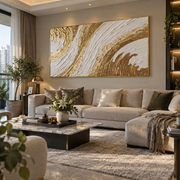 "Flowing Golden Fault Relief" - Modern Heavy Impasto Abstract Artwork | White & Beige Palette Knife Painting | Luxury Horizontal Wall Art #Q 319
