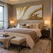 "Flowing Golden Fault Relief" - Modern Heavy Impasto Abstract Artwork | White & Beige Palette Knife Painting | Luxury Horizontal Wall Art #Q 319