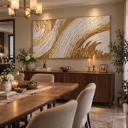 "Flowing Golden Fault Relief" - Modern Heavy Impasto Abstract Artwork | White & Beige Palette Knife Painting | Luxury Horizontal Wall Art #Q 319