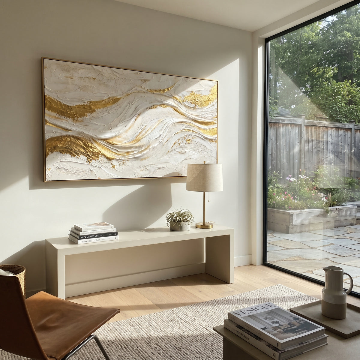 "Sculpted Metallic Ribbon Relief" - Modern Heavy Impasto Abstract Artwork | White & Beige Palette Knife Painting | Luxury Horizontal Wall Art #Q 320