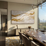 "Sculpted Metallic Ribbon Relief" - Modern Heavy Impasto Abstract Artwork | White & Beige Palette Knife Painting | Luxury Horizontal Wall Art #Q 320