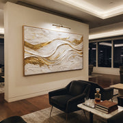 "Sculpted Metallic Ribbon Relief" - Modern Heavy Impasto Abstract Artwork | White & Beige Palette Knife Painting | Luxury Horizontal Wall Art #Q 320