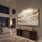 "Sculpted Metallic Ribbon Relief" - Modern Heavy Impasto Abstract Artwork | White & Beige Palette Knife Painting | Luxury Horizontal Wall Art #Q 320