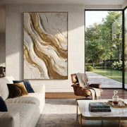 "Brushed Gold Creek Relief" - Modern Heavy Impasto Abstract Artwork | Beige & White Palette Knife Painting | Luxury Vertical Wall Art #Q 321