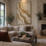 "Brushed Gold Creek Relief" - Modern Heavy Impasto Abstract Artwork | Beige & White Palette Knife Painting | Luxury Vertical Wall Art #Q 321
