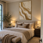 "Brushed Gold Creek Relief" - Modern Heavy Impasto Abstract Artwork | Beige & White Palette Knife Painting | Luxury Vertical Wall Art #Q 321