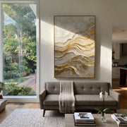 "Swirled Luminous Vein Relief" - Modern Heavy Impasto Abstract Artwork | Beige & White Palette Knife Painting | Luxury Vertical Wall Art #Q 322