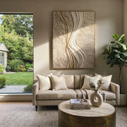"Earthtone Gilded Wave Relief" - Modern Heavy Impasto Ocean Wave Seascape | Beige & Grey Palette Knife Painting | Luxury Vertical Wall Art #Q 323