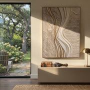 "Earthtone Gilded Wave Relief" - Modern Heavy Impasto Ocean Wave Seascape | Beige & Grey Palette Knife Painting | Luxury Vertical Wall Art #Q 323