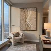 "Earthtone Gilded Wave Relief" - Modern Heavy Impasto Ocean Wave Seascape | Beige & Grey Palette Knife Painting | Luxury Vertical Wall Art #Q 323