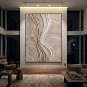 "Earthtone Gilded Wave Relief" - Modern Heavy Impasto Ocean Wave Seascape | Beige & Grey Palette Knife Painting | Luxury Vertical Wall Art #Q 323