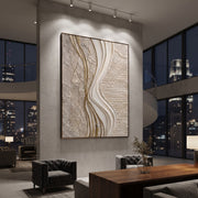 "Earthtone Gilded Wave Relief" - Modern Heavy Impasto Ocean Wave Seascape | Beige & Grey Palette Knife Painting | Luxury Vertical Wall Art #Q 323