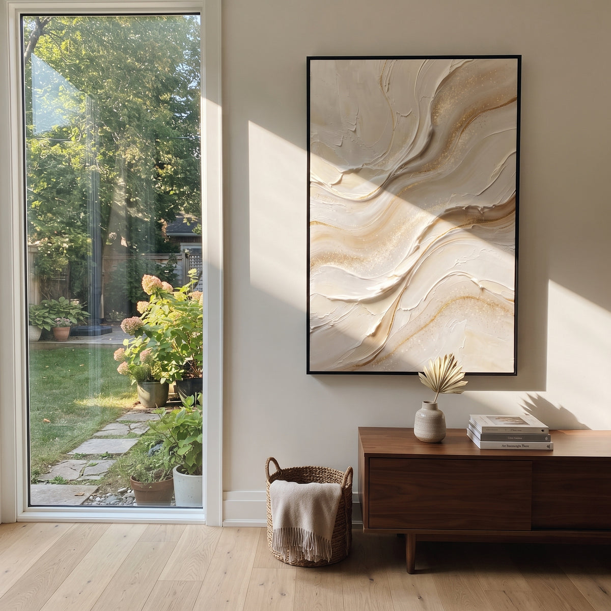 "Dune Gold Foil Ridge Relief" - Modern Heavy Impasto Landscape Artwork | Beige & White Palette Knife Painting | Luxury Vertical Wall Art #Q 324