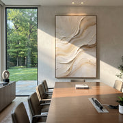 "Dune Gold Foil Ridge Relief" - Modern Heavy Impasto Landscape Artwork | Beige & White Palette Knife Painting | Luxury Vertical Wall Art #Q 324