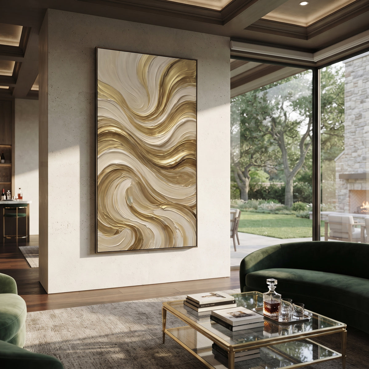 Carved Bright Mineral Line Relief focuses on white, beige, gold ivory plaster relief with metallic gold veins, gilded channels, and flowing raised palette-knife movement, keeping the product description tied to the visible artwork rather than a generic texture category. The composition is built from layered ridges, carved plaster edges, curved bands, granular breaks, and raised channels that move across the canvas with a clear directional rhythm. Pale passages, darker accents, warm neutral