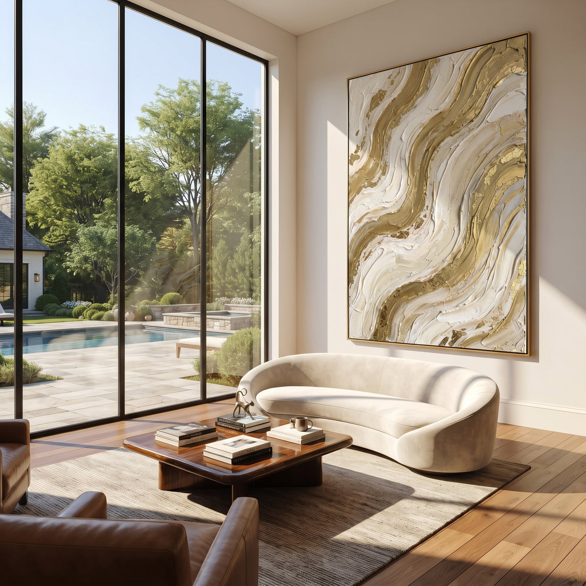 Drifted Golden Cascade Relief focuses on beige, white, gold ivory plaster relief with metallic gold veins, gilded channels, and flowing raised palette-knife movement, keeping the product description tied to the visible artwork rather than a generic texture category. The composition is built from layered ridges, carved plaster edges, curved bands, granular breaks, and raised channels that move across the canvas with a clear directional rhythm. Pale passages, darker accents, warm neutral tones