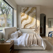 "Drifted Golden Cascade Relief" - Modern Heavy Impasto Abstract Artwork | Beige & White Palette Knife Painting | Luxury Vertical Wall Art #Q 326