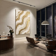 "Drifted Golden Cascade Relief" - Modern Heavy Impasto Abstract Artwork | Beige & White Palette Knife Painting | Luxury Vertical Wall Art #Q 326