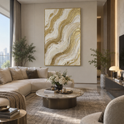 "Drifted Golden Cascade Relief" - Modern Heavy Impasto Abstract Artwork | Beige & White Palette Knife Painting | Luxury Vertical Wall Art #Q 326