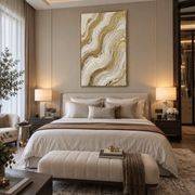 "Drifted Golden Cascade Relief" - Modern Heavy Impasto Abstract Artwork | Beige & White Palette Knife Painting | Luxury Vertical Wall Art #Q 326