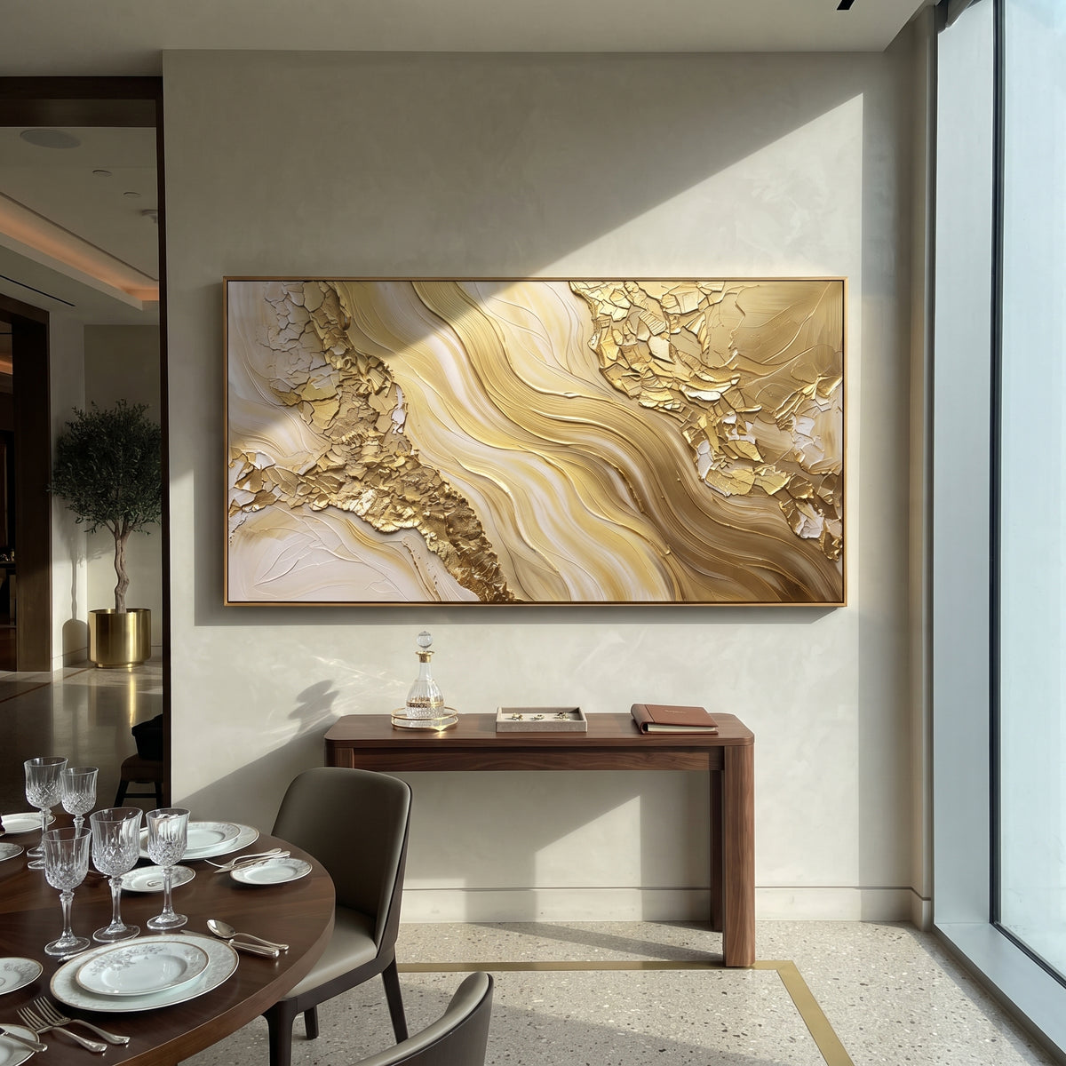 Cascading Gold Leaf Channel Relief focuses on white, gold, beige ivory plaster relief with metallic gold veins, gilded channels, and flowing raised palette-knife movement, keeping the product description tied to the visible artwork rather than a generic texture category. The composition is built from layered ridges, carved plaster edges, curved bands, granular breaks, and raised channels that move across the canvas with a clear directional rhythm. Pale passages, darker accents, warm neutral