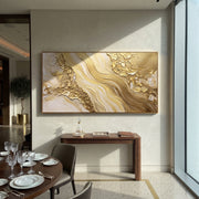 "Cascading Gold Leaf Channel Relief" - Modern Heavy Impasto Botanical Tree Artwork | White & Gold Palette Knife Painting | Luxury Horizontal Wall Art #Q 327