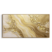 "Cascading Gold Leaf Channel Relief" - Modern Heavy Impasto Botanical Tree Artwork | White & Gold Palette Knife Painting | Luxury Horizontal Wall Art #Q 327
