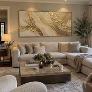 "Cascading Gold Leaf Channel Relief" - Modern Heavy Impasto Botanical Tree Artwork | White & Gold Palette Knife Painting | Luxury Horizontal Wall Art #Q 327