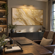 "Cascading Gold Leaf Channel Relief" - Modern Heavy Impasto Botanical Tree Artwork | White & Gold Palette Knife Painting | Luxury Horizontal Wall Art #Q 327