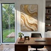 "Cracked Gold Vein Relief" - Modern Heavy Impasto Abstract Artwork | Beige & White Palette Knife Painting | Luxury Vertical Wall Art #Q 328